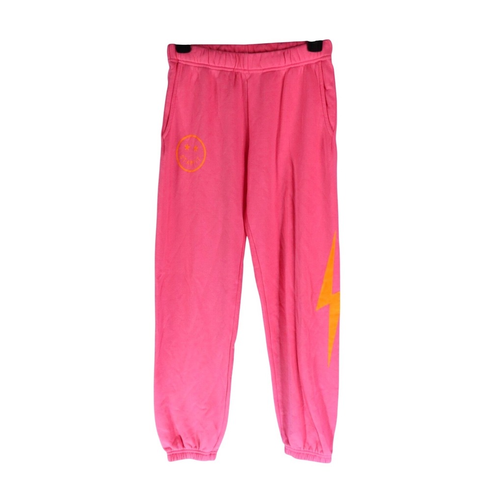 STARFIT Sweatpants Joggers Pants PINK w/ORANGE LIGHTNING BOLT SMILEY FACE sz XS